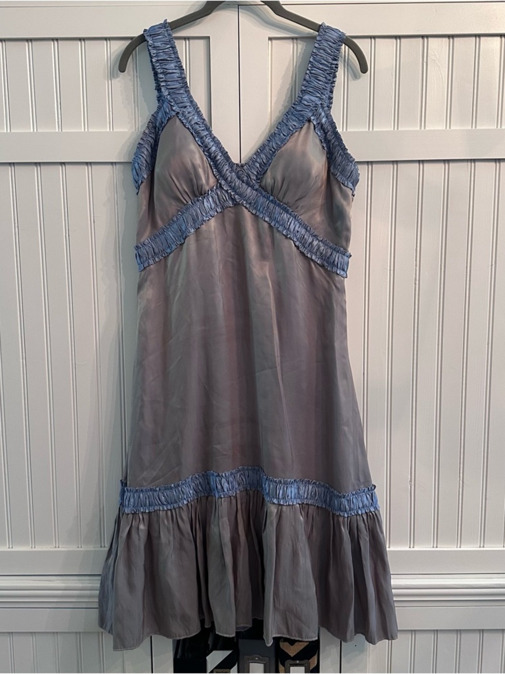 Lyndia Procanik Silver Grey Ruffle Metallic Sheen with Blue Trim Dress Size 12